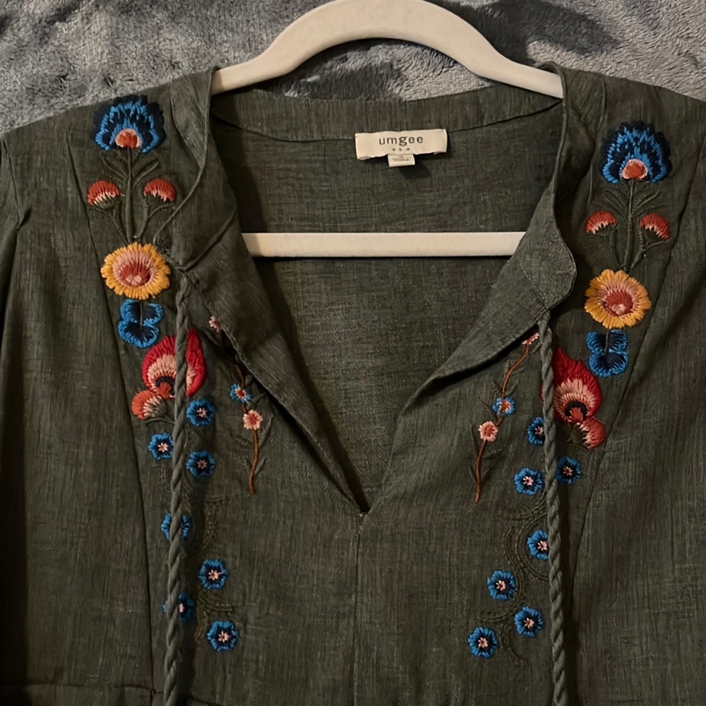 Umgee Olive green long boho lantern sleeve with bright floral embroidery